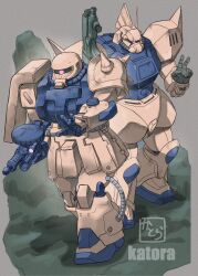  absurdres commentary_request drum_magazine full_body gelgoog grass grey_background gun gundam highres holding holding_gun holding_weapon k_katora magazine_(weapon) mecha mecha_focus mobile_suit no_humans robot salute scope two-finger_salute weapon zaku_ii zeon 