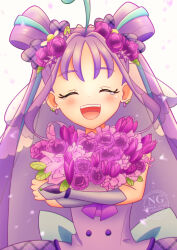  1girl absurdres ahoge aqua_hair blue_hair bow brooch choker closed_eyes collarbone commentary_request cure_kyunkyun dress gloves hair_ornament half_gloves happy_tears headset heart heart_brooch highres idol_heart_incom jewelry kimi_to_idol_precure long_hair looking_at_viewer magical_girl multicolored_hair off-shoulder_dress off_shoulder open_mouth precure purple_bow purple_choker purple_dress purple_gloves purple_hair purple_theme revaspa_picture shigure_kokoro solo streaked_hair tears twintails two_side_up 