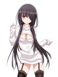  1girl black_hair breasts cleavage contrapposto date_a_live garter_straps hair_over_one_eye light_smile long_hair open-chest_sweater red_eyes ribbed_sweater sleeves_past_wrists solo sweater sweater_dress tagme thigh-highs tokisaki_kurumi turtleneck twintails very_long_hair 