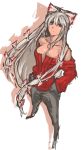  1girl bare_shoulders bow breasts cleavage fujiwara_no_mokou hair_bow hands_in_pockets highres long_hair nameo_(judgemasterkou) off-shoulder_sweater pants red_eyes ribbed_sweater silver_hair solo standing sweater touhou very_long_hair 