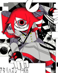  1girl arm_up black_background border bow buttons censored colored_skin commentary_request cowboy_shot cyclops double-breasted drill_hair flat_chest fourth_wall frilled_sleeves frills frion622 grey_eyes grey_jacket grey_skirt hair_bow hair_flaps halftone halftone_background highres jacket kasane_teto kasane_teto_(sv) layered_sleeves leaning_forward long_sleeves looking_at_viewer medium_hair medium_skirt mosaic_censoring multicolored_eyes musical_staff musical_staff_print no_eyebrows no_mouth no_nose one-eyed outside_border petticoat red_eyes red_hair red_trim short_over_long_sleeves short_sleeves shoulder_belt shoulder_boards sidelocks simple_background skirt sleeve_cuffs solo standing striped_background synthesizer_v translation_request twin_drills two-tone_background two-tone_eyes utau white_background white_border white_bow white_skin 