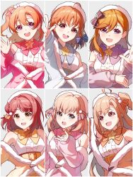  6+girls ahoge aqua_eyes bare_shoulders blue_bow blue_bowtie blue_jacket blue_skirt bow bowtie braid breasts brooch bun_with_braided_base center_frills column_lineup commentary_request finger_gun frilled_shirt frills fur-trimmed_jacket fur_hat fur_trim green_eyes grid_lineup hair_bun hat high-waist_skirt highres hinoshita_kaho ikizulive!_love_live!_bluebird jacket jewelry kosaka_honoka link!_like!_love_live! long_hair love_live! love_live!_nijigasaki_high_school_idol_club love_live!_school_idol_project love_live!_sunshine!! love_live!_superstar!! medium_breasts medium_hair multiple_girls off_shoulder one_side_up orange_bow orange_bowtie orange_hair orange_jacket orange_skirt pink_bow pink_bowtie pink_eyes pink_hair pink_jacket pink_skirt purple_bow purple_bowtie purple_jacket round_teeth ruoguiling shibuya_kanon shirt single_side_bun skirt sleeveless sleeveless_shirt star_brooch takahashi_polka takami_chika teeth trait_connection uehara_ayumu violet_eyes white_hat white_shirt yellow_bow yellow_bowtie yellow_jacket yellow_skirt 
