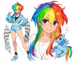  1girl absurdres ahoge black_shirt blue_jacket blue_shorts checkered_flag cio_(ciosui) commentary earrings emphasis_lines english_commentary flag full_body hand_on_own_hip highres jacket jewelry lightning_bolt_necklace lightning_bolt_symbol looking_at_viewer midriff multicolored_hair multiple_views my_little_pony my_little_pony:_friendship_is_magic navel necklace open_mouth personification rainbow_dash rainbow_hair red_eyes shirt shorts smile stud_earrings upper_body white_shirt 