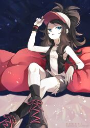  1girl abstract_background ankle_boots artist_name baseball_cap black_boots black_socks black_vest black_wrist_cuffs blue_eyes boots breasts brown_hair commentary full_body grey_shorts hand_on_headwear hat high_ponytail hilda_(pokemon) kneehighs lace-up_boots long_hair long_sidelocks looking_at_viewer open_clothes open_vest parted_lips pink_hat pokemon pokemon_bw ponytail shirt short_shorts shorts sidelocks sitting sleeveless sleeveless_shirt small_breasts socks solo swept_bangs torn_clothes torn_shorts twitter_username two-tone_headwear vest watermark white_hat white_shirt wrist_cuffs yomogi_(black-elf) 