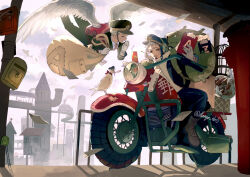  2boys bird cage character_request cigarette commentary_request copyright_request dove feathers flying hat highres hongou_tsubasa_(209km) japanese_cylindrical_postbox letter male_focus motor_vehicle motorcycle multiple_boys necktie pigeon post_office postbox_(outgoing_mail) red_eyes teeth upper_teeth_only wings 