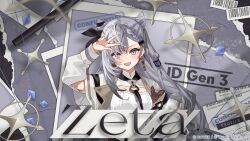  1girl :d absurdres arm_up asymmetrical_hair barcode black_ribbon blue_eyes braid braided_bangs character_name commentary_request cone_hair_bun copyright_notice cropped_jacket double-parted_bangs double_bun dress grey_hair hair_behind_ear hair_bun hair_ornament hair_ribbon hairclip highres hololive hololive_dreams hololive_indonesia jacket long_hair long_sleeves looking_at_viewer open_mouth ribbon single_sidelock smile solo straight-on two_side_up upper_body very_long_hair vestia_zeta vestia_zeta_(1st_costume) virtual_youtuber white_dress white_jacket 