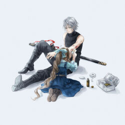  1boy 1girl aerith_gainsborough aqua_ribbon aqua_shirt bare_shoulders black_boots black_pants black_shirt blood blood_on_arm blue_dress boots bottle brown_boots bruise bruise_on_arm bruise_on_face dress fanqianshu final_fantasy final_fantasy_vii final_fantasy_vii:_ever_crisis final_fantasy_vii_remake first_aid_kit flying_sweatdrops full_body gauze green_eyes grey_background grey_hair hair_between_eyes hair_ribbon highres injury katana kneeling long_hair pants parted_bangs ponytail ribbed_shirt ribbon sephiroth sephiroth_(ever_crisis) shirt shirt_under_dress short_hair sleeveless sleeveless_turtleneck sword turtleneck weapon 