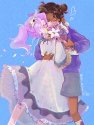  2girls amity_blight blue_background bouquet brown_hair closed_eyes commentary dark-skinned_female dark_skin double_bun dress flower frilled_dress frills go_shlove grey_shorts hair_bun hair_ornament highres holding holding_bouquet luz_noceda multiple_girls official_alternate_costume ponytail purple_hair purple_sweater shorts signature sweater the_owl_house white_dress white_flower yuri 