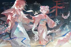  2girls absurdres animal_ear_hairband animal_ears armor ball bell blue_eyes blue_ribbon blush chinese_text city_lights dancing english_text fake_animal_ears fireworks flower geta hair_bun hair_flower hair_ornament hairband highres holding holding_bell holding_hands holding_pinwheel japanese_armor japanese_clothes jingle_bell kagura_suzu kimono koinobori lilinguo long_hair looking_at_another multiple_girls night open_mouth orb original pink_hair pink_kimono pinwheel rabbit_ear_hairband rabbit_ears red_eyes ribbon shadow short_hair shoulder_armor shrine sleeve_cuffs sleeves_rolled_up sode stairs standing standing_on_one_leg stone_lantern stuffed_animal stuffed_toy tabi talking teddy_bear torii walking windmill windsock wings 