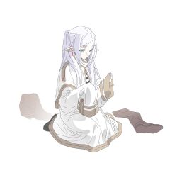  1girl black_pantyhose boots brown_boots capelet earrings elf frieren full_body gold_trim green_eyes grey_hair hh123145 highres jacket jewelry long_hair loose_clothes pantyhose parted_bangs pointy_ears shirt skirt sleeves_past_fingers sleeves_past_wrists solo sousou_no_frieren striped_clothes striped_shirt thick_eyebrows twintails unworn_boots white_background white_capelet white_jacket white_skirt 