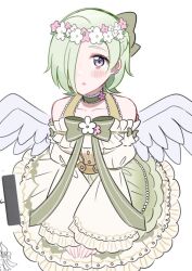  1girl alternate_costume angel blush bow commentary_request dress dress_bow feathered_wings flower_wreath frilled_dress frills green_bow green_hair grey_eyes ishimochi_(daleka333) looking_at_viewer love_live! love_live!_nijigasaki_high_school_idol_club mia_taylor off-shoulder_dress off_shoulder parted_lips short_hair solo tokimeki_fes_tenshi_to_akuma_kara_no_shoutaijou white_dress white_wings wings 