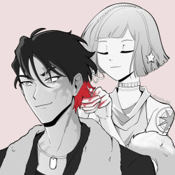  1boy 1girl behind_another blunt_bangs blunt_ends bob_cut burn_scar changing_hair_color choker closed_mouth colored_tips dog_tags feather_boa greyscale_with_colored_background hair_ornament hands_up hayde_ink holding_another's_hair j_(reverse:1999) jacket mercuria_(reverse:1999) multicolored_hair pink_background red_hair reverse:1999 scar scar_on_face short_hair shoulder_tattoo smile spot_color star_(symbol) star_hair_ornament tank_top tattoo twitter_username upper_body 
