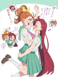  >_< aozora_middle_school_uniform aqua_sailor_collar aqua_skirt asymmetrical_bangs black_shoes body_switch brown_hair closed_eyes commentary eighth_note facing_another forced_kiss from_side frown grimace hair_between_eyes hair_pulled_back hair_ribbon heart highres hitting hug_carry kiss loafers long_hair looking_at_another medium_hair miniskirt motion_blur musical_note natsuumi_manatsu neckerchief open_mouth personality_switch pink_neckerchief pleated_skirt precure puckered_lips pushing_away red_hair ribbon sailor_collar school_uniform serafuku shoes side_ponytail skirt smile socks speech_bubble standing struggling takizawa_asuka trembling tropical-rouge!_precure very_long_hair white_socks yellow_ribbon yuzu_sato 