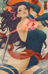  1girl absurdres aqua_background black_eyeshadow blue_bridal_gauntlets blue_leotard breasts bridal_gauntlets butterfly_wings clouds comic_cover cover cover_page cowboy_shot energy_sword eyeshadow floating_hair highres holding holding_sword holding_weapon insect_wings katana large_breasts leotard long_hair looking_at_viewer makeup marvel official_art parted_lips psylocke purple_hair red_sash sash seigaiha solo stanley_lau sword textless_version thigh_strap violet_eyes waist_sash weapon wings x-men 