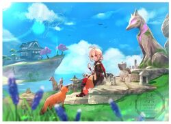  1boy :t antenna_hair architecture artist_name bandaged_arm bandaged_hand bandages black_gloves black_haori black_sandals black_scarf blue_sky blurry blurry_foreground border building candle closed_mouth clouds commentary_request crossed_bangs day east_asian_architecture eating fingerless_gloves flower food fox fox_statue genshin_impact gloves grass hair_between_eyes hand_up haori highres holding holding_food in-universe_location island jagabokkuru japanese_clothes kaedehara_kazuha kimono leaf_print light_particles long_sleeves looking_at_viewer looking_to_the_side low_ponytail male_focus maple_leaf_print medium_hair onigiri outdoors pantyhose ponytail purple_flower red_eyes red_pantyhose red_scarf sandals scarf scenery sidelocks signature simple_bird single_sode sitting sitting_on_stairs sky solo stairs statue statue_of_the_seven stone_lantern stone_stairs sun sunlight vision_(genshin_impact) water watermark white_border white_hair white_kimono wide_sleeves 