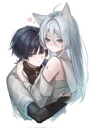  1boy 1girl ahoge animal_ear_fluff animal_ears armor bare_shoulders black_bodysuit black_hair blue_eyes blue_sleeves blunt_ends blush bodysuit bridal_gauntlets cat_ears cat_girl choppy_bangs closed_mouth commission commissioner_insert couple cropped_torso detached_collar detached_sleeves empty_eyes eyelashes genshin_impact grey_bridal_gauntlets hair_between_eyes hand_on_another's_back hand_on_another's_shoulder heart hetero highres hug japanese_armor kote kurokote layered_sleeves long_hair oc_x_canon scar scar_on_arm scaramouche_(genshin_impact) second-party_source shirt short_sleeves talking_ok tsurime turtleneck turtleneck_bodysuit wanderer_(genshin_impact) white_background white_shirt white_sleeves 