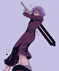  1other amugonagurim androgynous black_dress black_eyes black_shoes blue_background blunt_bangs commentary_request crona_(soul_eater) dress flat_chest from_below hair_between_eyes highres holding holding_sword holding_weapon korean_commentary long_dress long_sleeves over_shoulder parted_lips purple_hair ragnarok_(soul_eater) shoes short_hair socks soul_eater sword sword_over_shoulder weapon weapon_over_shoulder white_socks white_wrist_cuffs wrist_cuffs 
