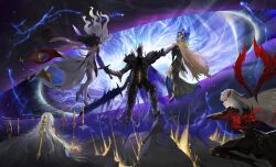  1boy 4girls abstract_background armor arms_up asmoday_(genshin_impact) bare_shoulders black_fur blonde_hair claymore_(sword) closed_mouth colored_skin commentary crossover death dress dying elden_ring elden_ring_nightreign electricity eye_symbol faceless faceless_female faceless_male fantasy fighting floating floating_hair from_behind full_armor fur_trim genshin_impact glowing hair_floating_upwards hair_ornament helmet heolstor_the_nightlord highres holding holding_sword holding_weapon impaled istaroth_(genshin_impact) leaning_back looking_down multicolored_skin multiple_girls murder orange_eyes portal_(object) red_wings rhinedottir_(genshin_impact) ronova_(genshin_impact) scarf serious shade stab standing strangling sword two-tone_skin veil vs wavy_hair weapon white_hair wings xiongjiajie-dd 