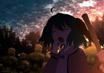  1girl ahoge animal_ears broom closed_eyes clouds cloudy_sky dark dress green_hair kasodani_kyouko light_particles nature open_mouth pink_dress short_hair sky solo suzki00 tears touhou tree yawning 