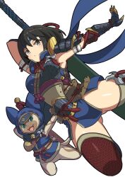  1girl 1other arm_behind_head armor black_hair breasts cianter claws commentary_request dress dynamic_pose english_commentary felyne fishnet_thighhighs fishnets gloves grey_eyes headband high_collar looking_at_viewer medium_breasts midair monster_hunter_(character) monster_hunter_(series) narrow_waist ninja rope_belt short_dress short_hair shoulder_armor sword thick_thighs thigh-highs thighs weapon wide_hips 