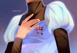  1girl artist_name black_shirt breasts dress flower hand_on_own_chest hashtag-only_commentary highres komatsu_nana lix_(sanlixus) long_sleeves medium_breasts nail_polish nana_(series) puffy_short_sleeves puffy_sleeves purple_background red_flower shirt shirt_under_dress short_sleeves solo turtleneck upper_body white_dress white_nails 