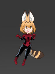  1girl :d absurdres animal_ear_fluff animal_ears animal_print artist_name black_bodysuit blonde_hair blush bodysuit breasts cat_ears cat_girl cat_tail clenched_hands commentary cosplay deformed extra_ears full_body grey_background hair_between_eyes hands_up highres jonstrange0613 kemono_friends large_breasts looking_ahead marvel multicolored_bodysuit open_mouth pigeon-toed print_bodysuit red_bodysuit serval_(kemono_friends) short_hair signature simple_background smile solo spider-man spider-man_(cosplay) spider-man_(series) spider_print spider_web_print striped_tail superhero_costume tail two-tone_bodysuit yellow_eyes yellow_tail 