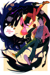  2boys adventure_time apple belt belt_buckle black_hair black_shoes black_vest blue_shirt border brown_belt buckle colored_skin commentary converse crew_neck crown cup denim doughnut dress_shoes english_commentary fang food fruit genderswap genderswap_(ftm) grey_skin holding holding_cup holding_saucer hood hood_up hooded_jacket jacket jeans long_sleeves looking_to_the_side male_focus marshall_lee mini_crown multiple_boys outside_border pants pink_hair pink_shirt pink_skin prince_gumball red_eyes red_jacket red_pants red_shoes saucer shirt shishio_(shishio5431) shoes sideways_glance teacup teapot thick_eyebrows upside-down vest white_border 