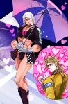  2boys blonde_hair dio_brando gloves heart inset jacket jojo_no_kimyou_na_bouken leotard mamegohan multiple_boys pout tan umbrella vanilla_ice white_hair yellow_jacket 