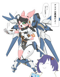  2girls absurdres aria_(zenless_zone_zero) belle_(zenless_zone_zero) blue_archive blue_hair blush commentary_request crossed_bangs doodle_sensei_(blue_archive) exoskeleton fairy_(zenless_zone_zero) green_eyes highres humanoid_robot joints mechanical_wings multiple_girls open_mouth robot robot_ears robot_girl robot_joints sensei_(blue_archive) shianpurin smile sweat white_background wings zenless_zone_zero 