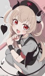  1girl apron bandaged_horn bat_wings black_apron black_hat black_horns black_tail black_wings blonde_hair blush commentary demon_tail fang grey_shirt grey_thighhighs hat heart heart_print holding holding_umbrella horns long_hair looking_at_viewer nakagawa_(nakagawa_sugar) natori_sana natori_sana_(devil_natori) notice_lines nurse_cap open_mouth outline red_eyes sana_channel shirt short_sleeves skin_fang solo squatting tail thigh-highs twitter_username two_side_up umbrella untranslatable_commentary virtual_youtuber white_outline wings 