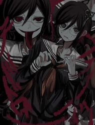  1girl black_shirt braid commentary_request danganronpa:_trigger_happy_havoc danganronpa_(series) egao_(nsazrs) fukawa_toko genocider_sho glasses hands_up highres long_hair long_sleeves long_tongue neckerchief open_mouth red_eyes red_neckerchief round_eyewear sailor_collar school_uniform scissors serafuku shirt skirt smile tongue tongue_out twin_braids white_sailor_collar 