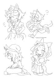  3girls animal_ears beanie beer_hsk closed_eyes closed_mouth crown ears_through_headwear flying_sweatdrops greyscale hair_between_eyes hat horse_ears horse_girl horse_tail jacket king_halo_(umamusume) long_hair mini_crown monochrome multiple_girls nakayama_festa_(umamusume) open_clothes open_jacket open_mouth pants pleated_skirt profile puffy_short_sleeves puffy_sleeves running school_uniform shirt short_sleeves simple_background skirt t.m._opera_o_(umamusume) tail tracen_school_uniform track_jacket track_pants track_suit umamusume white_background 