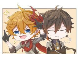  2boys :d absurdres ahoge arms_up blue_eyes brown_hair chibi chibi_only closed_eyes closed_mouth crossed_bangs earrings genshin_impact hair_between_eyes high_voltage_symbol highres jewelry looking_at_viewer male_focus mask mask_on_head medibang_paint_(medium) multicolored_hair multiple_boys nao_kii open_mouth orange_hair red_scarf scarf single_earring smile sweatdrop tartaglia_(genshin_impact) two-tone_hair v-shaped_eyebrows zhongli_(genshin_impact) 