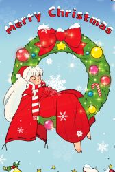  1boy barefoot blue_background christmas closed_eyes full_body hakama hat highres inuyasha inuyasha_(character) japanese_clothes long_hair male_focus merry_christmas moonlichi red_hakama red_shirt santa_hat scarf shirt sidelocks sleeves_past_fingers sleeves_past_wrists snowflakes solo striped_clothes striped_scarf white_hair wide_sleeves 