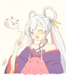  1girl ;d animal bare_shoulders blue_eyes calomen22 cho_kaguya-hime! commentary_request fushi_(cho_kaguya-hime!) hair_ornament hair_rings hair_stick hand_up highres japanese_clothes kimono long_hair looking_at_viewer octopus one_eye_closed open_mouth purple_kimono runami_yachiyo sea_slug smile solo twintails upper_body v white_hair 