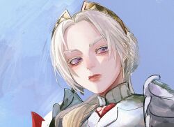  1girl armor blonde_hair blue_sky bucumberr closed_mouth commentary edelgard_von_hresvelg english_commentary fire_emblem fire_emblem:_three_houses fire_emblem_warriors:_three_hopes hair_over_shoulder head_tilt headpiece highres low_ponytail official_alternate_costume official_alternate_hairstyle parted_bangs pink_lips ponytail shade sky solo upper_body violet_eyes 