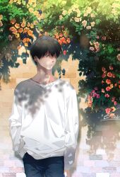 1boy black_hair black_pants brick_wall collarbone commentary haikyuu!! hand_in_pocket kageyama_tobio male_focus pants sanddek short_hair signature solo sweater tree untranslatable_commentary white_sweater 