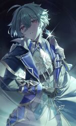  1boy absurdres armor black_coat black_gloves blue_hair coat collared_shirt commentary_request coppepan cowboy_shot double-parted_bangs earrings genshin_impact gloves hair_between_eyes highres jewelry lapels lohen_(genshin_impact) long_sleeves male_focus multicolored_eyes pants parted_lips pauldrons piercing shirt short_hair shoulder_armor single_earring single_pauldron solo white_pants wing_collar 