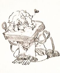  1girl boots bread bread_slice commentary_request eating food frilled_sleeves frills heart komeiji_koishi long_sleeves menotama multi-source_commentary no_headwear oversized_food oversized_object seiza shirt sitting skirt solo toast touhou traditional_media wide_sleeves 