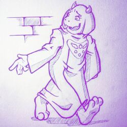  1:1 1girl 2016 2d animal_ears anthro ashley_artly barefoot body_fur commentary delta_rune_(symbol) delta_rune_print droopy_ears english_commentary fangs female female_only floppy_ears furry furry_female goat goat_ears goat_girl goat_horns hatching_(texture) horns long_sleeves looking_back mammal monochrome monster monster_girl open_mouth outstretched_arm purple_robe robe simple_background solo toriel traditional_media undertale utdr_(toby_fox) walking white_background 