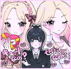  2girls amaya_tsubame bikini black_hair black_jacket blonde_hair blue_eyes blush border bow box braid c28841s commentary_request crossed_arms dress gakuen_idolmaster hair_bow happy_valentine heart-shaped_box high_ponytail highres idolmaster jacket juo_sena long_hair multiple_girls necktie nervous_sweating one_eye_closed pink_border ponytail shirt simple_background smile sweat sweatdrop swimsuit text_focus valentine white_bikini white_shirt yuri 