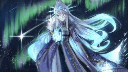  1girl abstract_background aurora blue_dress blue_eyes blue_hair blue_lips closed_mouth dress english_commentary floating_hair genshin_impact glint glowing glowing_hair gradient_hair hair_between_eyes hair_floating_upwards hat head_tilt headpiece highres leaning_to_the_side light_particles long_hair long_sleeves looking_at_viewer multicolored_hair night outdoors shade shooting_star sky snowflakes solo standing star_(sky) tractorbelarus228 tsaritsa_(genshin_impact) upper_body 