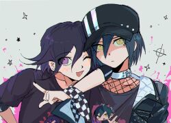  2boys arm_on_another's_shoulder beluckylucky black_hair blush checkered_clothes danganronpa_(series) danganronpa_v3:_killing_harmony fishnet_top fishnets flipped_hair grey_background hair_between_eyes hat index_finger_raised layered_clothes leaning_on_person looking_at_viewer lower_eyelashes_only male_focus multiple_boys off_shoulder oma_kokichi one_eye_closed print_shirt purple_hair ringed_eyes saihara_shuichi shirt short_hair simple_background splatter star_(symbol) t-shirt undershirt upper_body violet_eyes yellow_eyes 