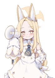  1girl :3 absurdres animal_ears ascot blonde_hair blue_archive blue_ascot blush bright_pupils buttons closed_mouth commentary_request cowboy_shot cross_halo detached_sleeves dress ear_wreath flower_wreath fox_ears gold_buttons gradient_eyes halo hand_on_own_hip highres holding holding_megaphone kyouwashi long_hair looking_at_viewer megaphone multicolored_eyes petticoat sailor_collar sailor_dress seia_(blue_archive) short_dress simple_background sleeveless sleeveless_dress sleeves_past_fingers sleeves_past_wrists smile solo very_long_hair white_background white_dress white_pupils white_sailor_collar yellow_eyes yellow_halo 