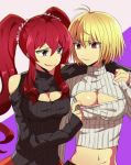  2girls angelise_ikaruga_misurugi artist_request blonde_hair breasts cleavage cleavage_cutout cross_ange hilda_(cross_ange) midriff multiple_girls navel open-chest_sweater pulled_by_another red_eyes redhead ribbed_sweater sweater sweater_pull turtleneck twintails violet_eyes 