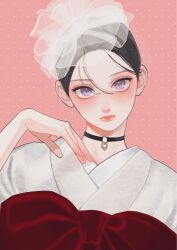  1girl androgynous black_choker black_hair blush choker headdress heart heart_choker highres japanese_clothes kimono lips looking_at_viewer mika_yamamori official_art patterned_clothing pink_background pink_lips polka_dot polka_dot_background red_sash sash short_hair solo takiguchi_yoi uruwashi_no_yoi_no_tsuki violet_eyes white_headdress white_kimono 