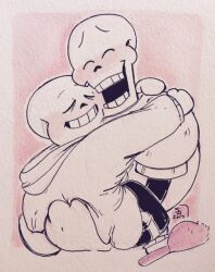  2017 2boys 2d armor bad_id bad_tumblr_id black_shorts brothers cape carrying carrying_person closed_eyes cropped_torso duo gloves height_difference hood hood_down hooded_jacket hug humanoid jacket long_sleeves male male_focus male_only marker_(medium) monochrome monster monster_boy multiple_boys open_mouth orange_background papyrus_(undertale) partially_colored pen_(medium) pink_slippers sans_(undertale) shorts siblings signature simple_background single_vertical_stripe skeleton slippers socks striped_shorts stuffedart teeth third-party_source traditional_media two-tone_background undead undertale utdr_(toby_fox) vertical-striped_clothes vertical-striped_shorts white_background white_socks white_stripes 