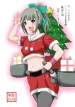  adapted_costume belt brown_eyes christmas christmas_tree crossed_legs green_hair hair_ribbon hand_on_hip highres kantai_collection looking_at_viewer machinery navel open_mouth pantyhose ponytail ribbon santa_costume skirt smile star translation_request yano_toshinori yuubari_(kantai_collection) 
