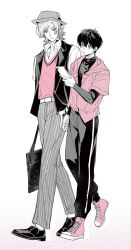  2boys alternate_costume arm_tattoo belt blue_lock cellphone collared_shirt commentary converse full_body hand_tattoo hat height_difference highres holding holding_phone isagi_yoichi looking_at_another male_focus michael_kaiser multiple_boys neck_tattoo pants partially_colored pcal_pcal phone pink_shoes pink_sweater_vest shirt shoes short_hair simple_background smartphone standing striped_clothes striped_pants sweater_tucked_in sweater_vest tattoo vertical-striped_clothes vertical-striped_pants vest walking white_background 