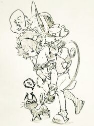  2girls animalization boots bow carrying carrying_person closed_eyes commentary_request eyeball frilled_sleeves frills hair_ornament hairband hat hat_bow heart heart_hair_ornament heart_of_string kaenbyou_rin kaenbyou_rin_(cat) komeiji_koishi komeiji_satori long_sleeves menotama multi-source_commentary multiple_girls multiple_tails piggyback shirt short_hair siblings sisters skirt sleeping slippers socks speech_bubble spoken_heart tail third_eye touhou traditional_media translation_request two_tails wide_sleeves 